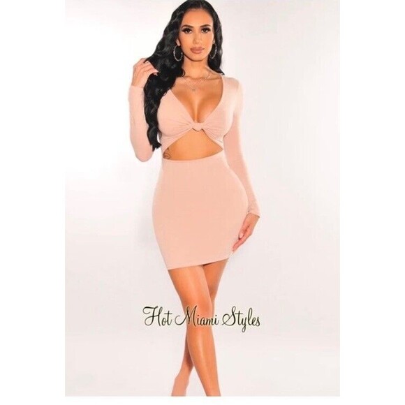 Hot Miami style NUDE V NECK KNOTTED CUT OUT LONG SLEEVE DRESS Size L - Picture 1 of 12